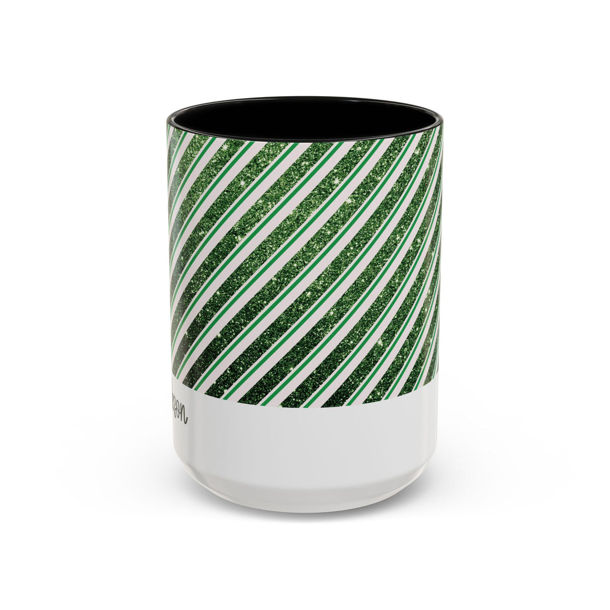 Black personalized Green Glitter Stripe mug, 15oz, front view