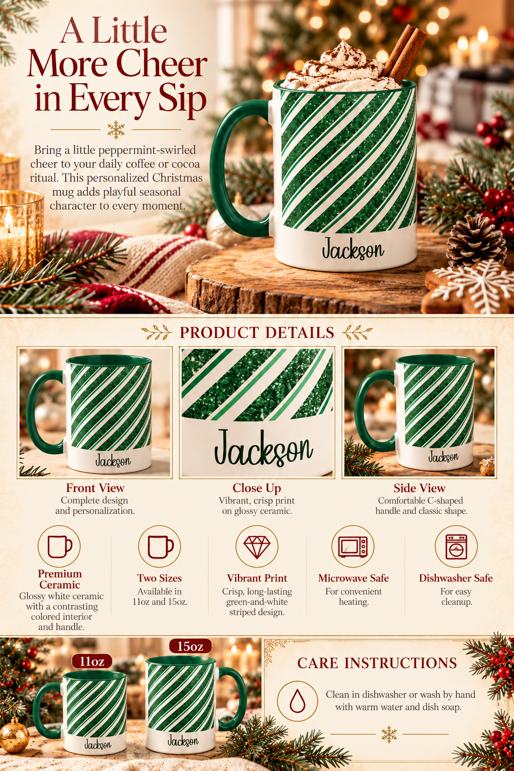Personalized Green Glitter Stripe mug infographic with sizes, features and care instructions
