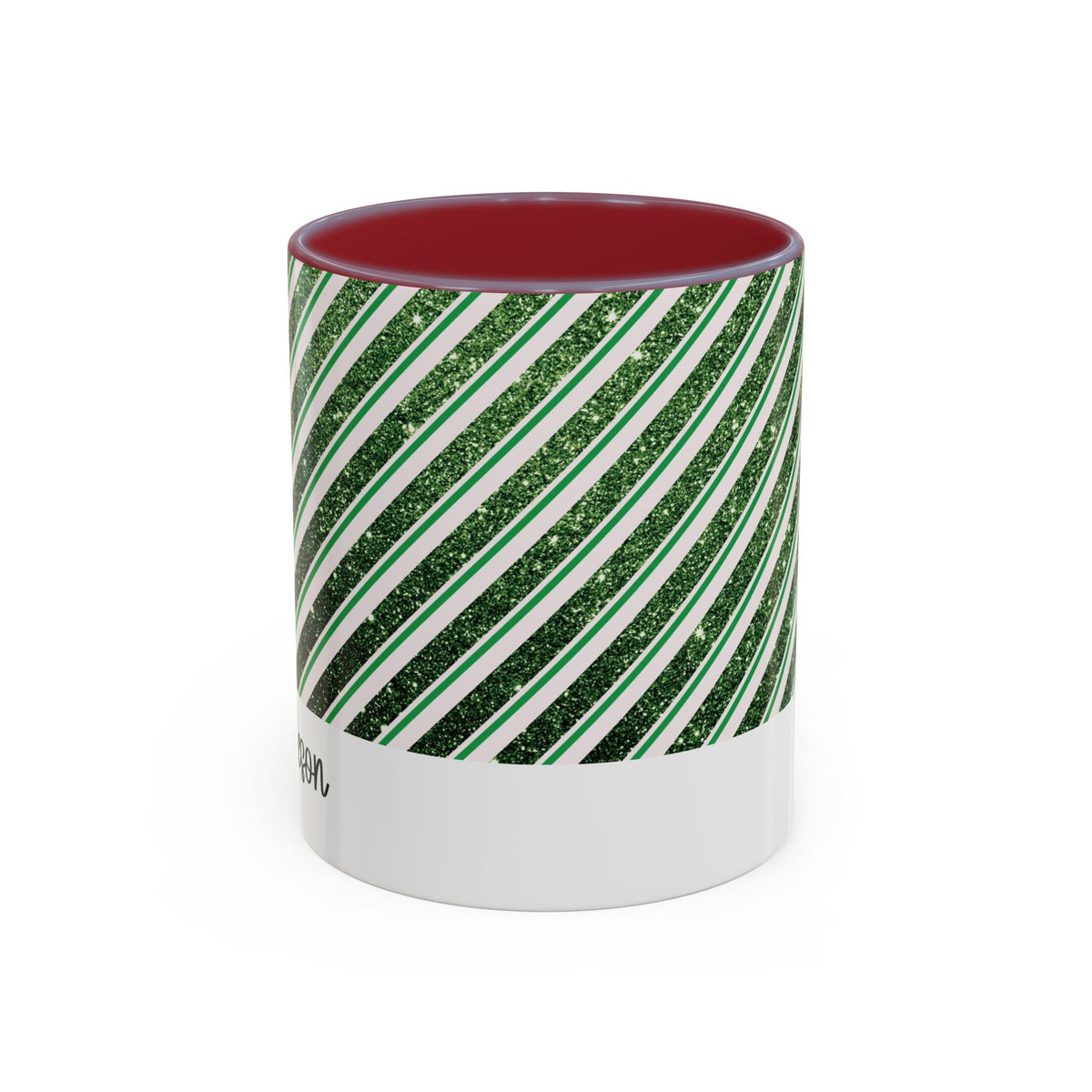 Maroon personalized Green Glitter Stripe mug, 11oz, front view