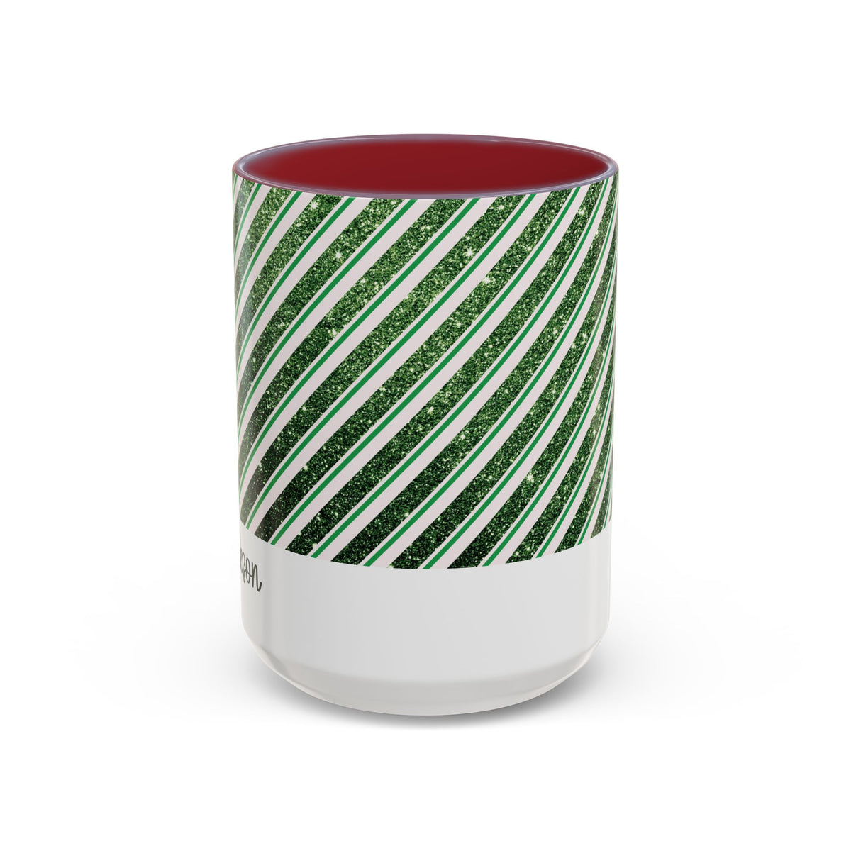 Maroon personalized Green Glitter Stripe mug, 15oz, front view