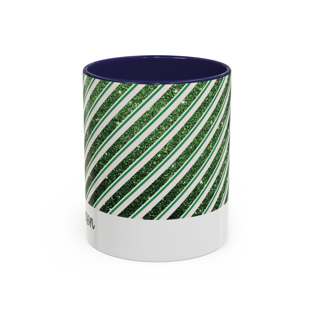Navy personalized Green Glitter Stripe mug, 11oz, front view