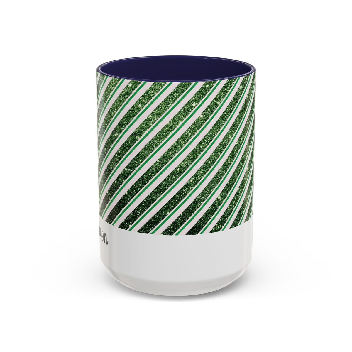 Navy personalized Green Glitter Stripe mug, 15oz, front view