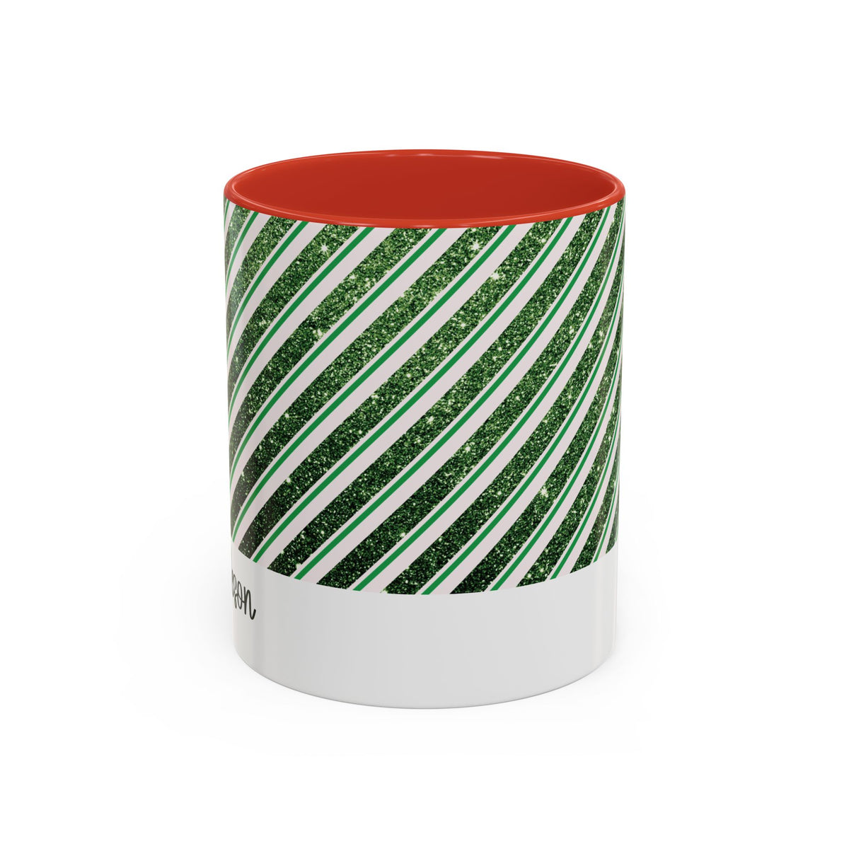 Red personalized Green Glitter Stripe mug, 11oz, front view