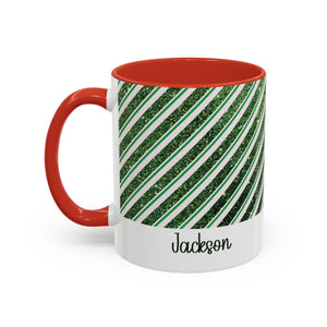 Green Glitter Stripe Name Christmas Mug