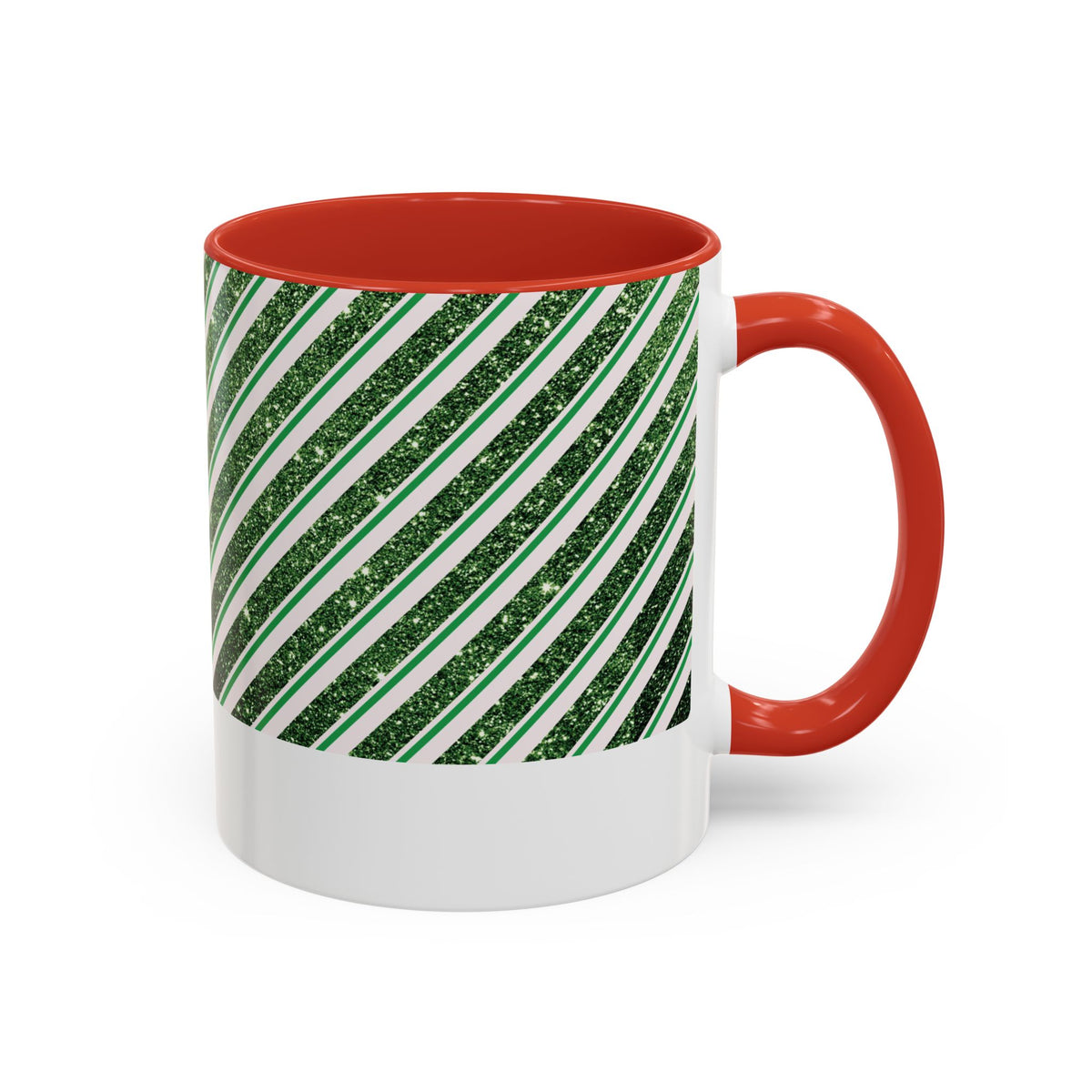 Red personalized Green Glitter Stripe mug, 11oz, side view with handle on the right