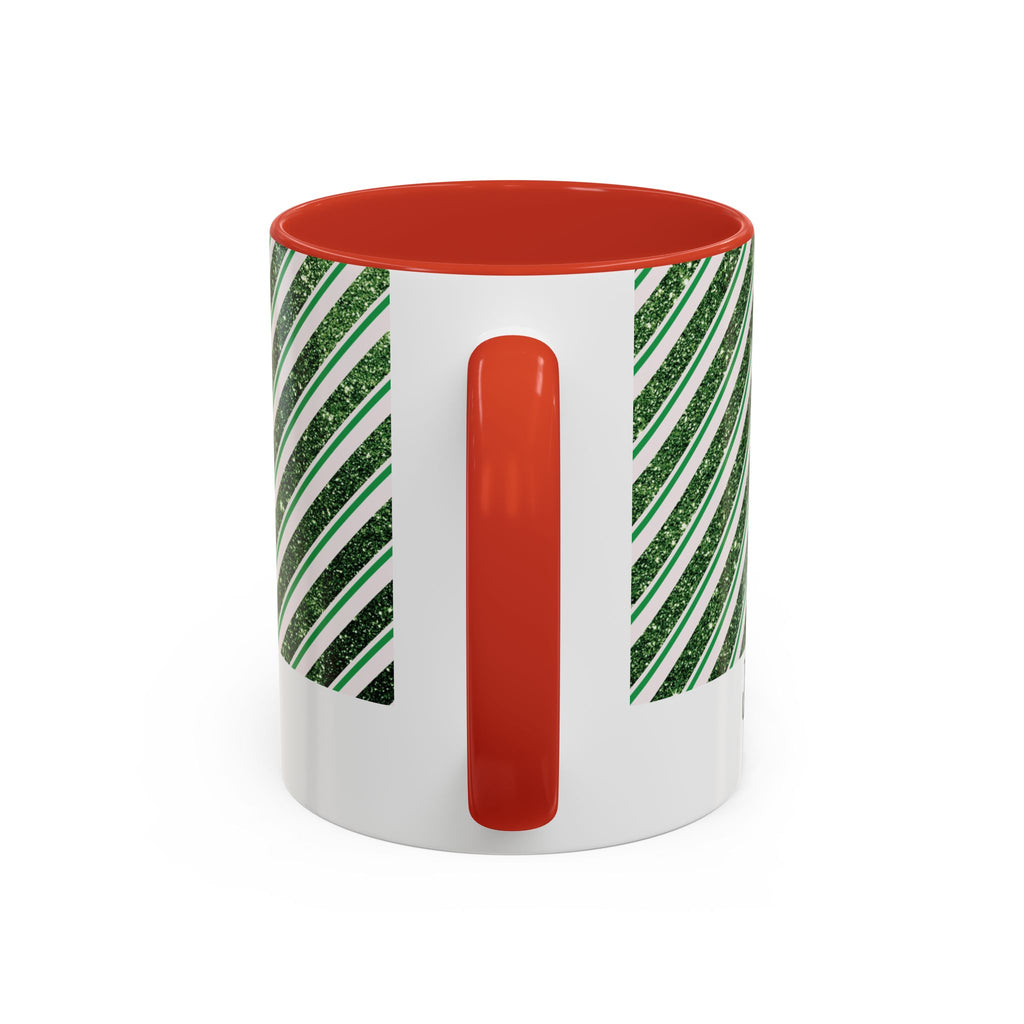 Red personalized Green Glitter Stripe mug, 11oz, handle view