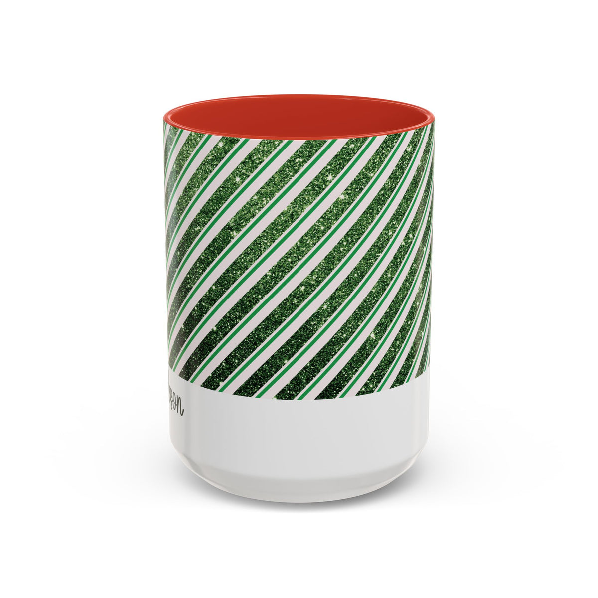 Red personalized Green Glitter Stripe mug, 15oz, front view