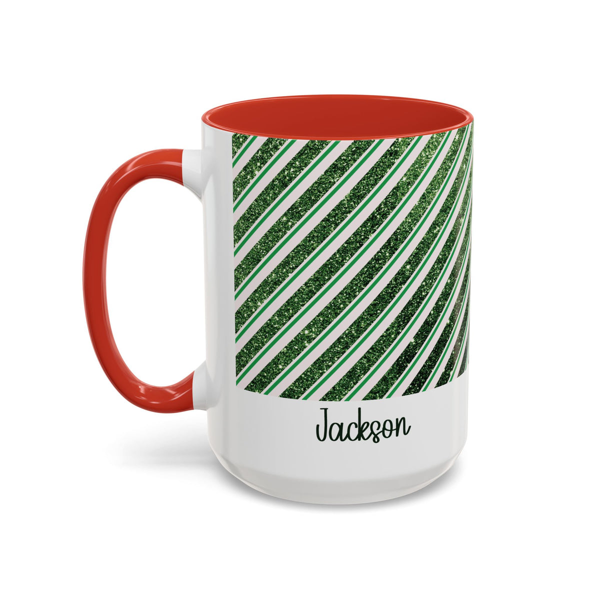 Red personalized Green Glitter Stripe mug, 15oz, side view with handle on the left