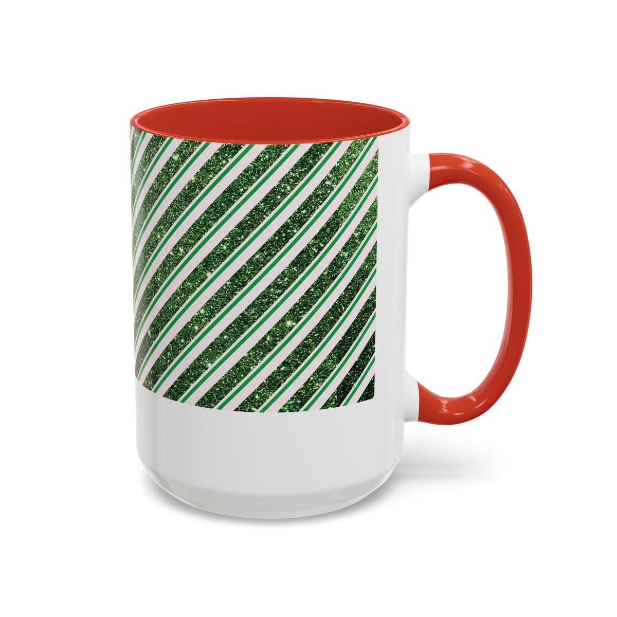 Red personalized Green Glitter Stripe mug, 15oz, side view with handle on the right