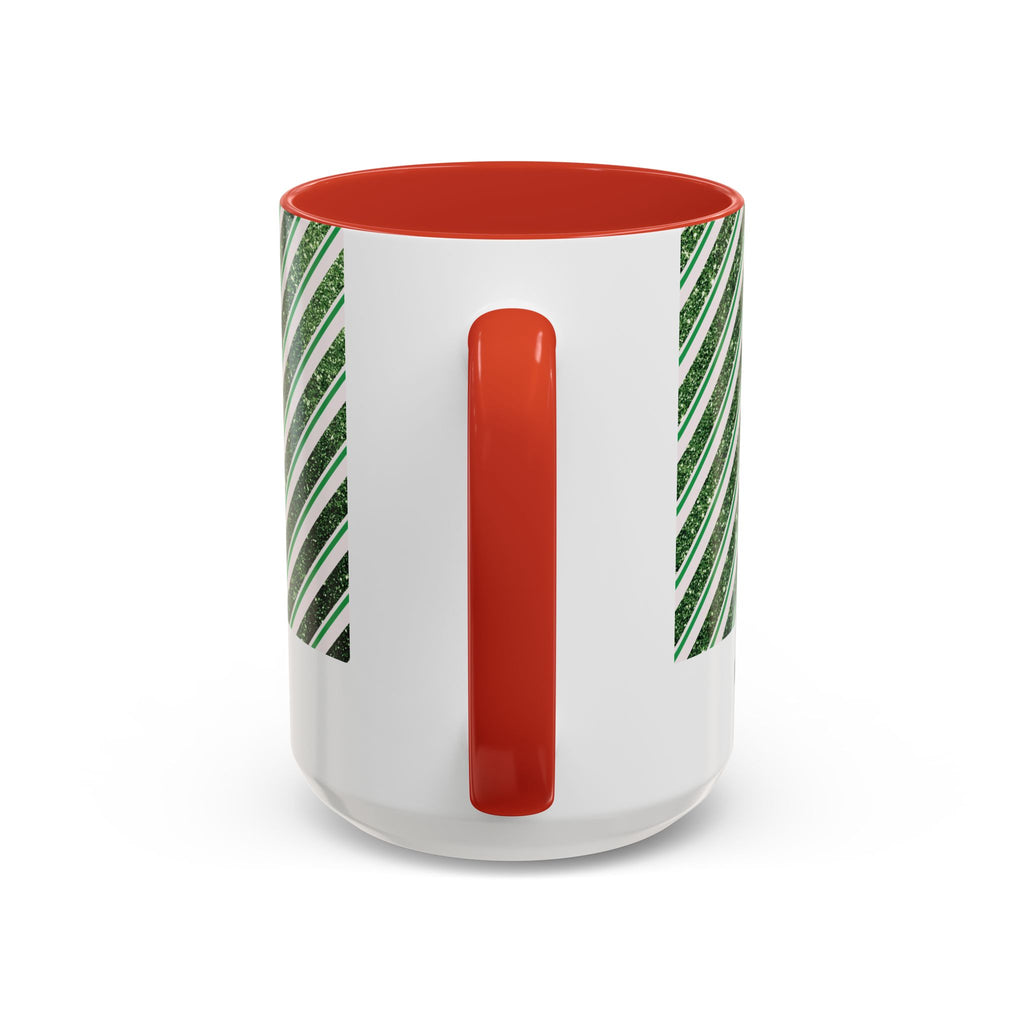 Red personalized Green Glitter Stripe mug, 15oz, handle view