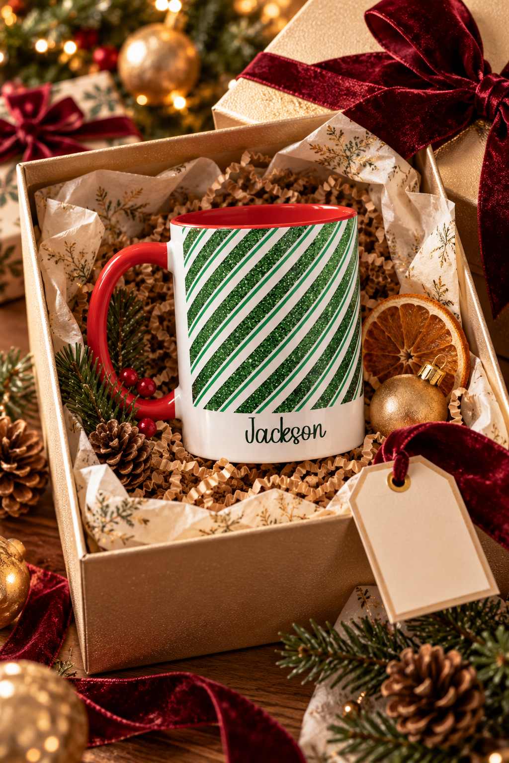Red personalized Green Glitter Stripe mug in a Christmas gift box, lifestyle photo