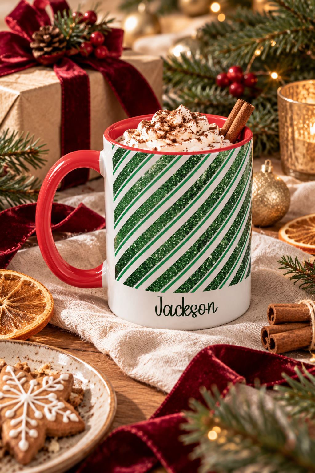 Red personalized Green Glitter Stripe mug with hot cocoa and Christmas treats, lifestyle photo