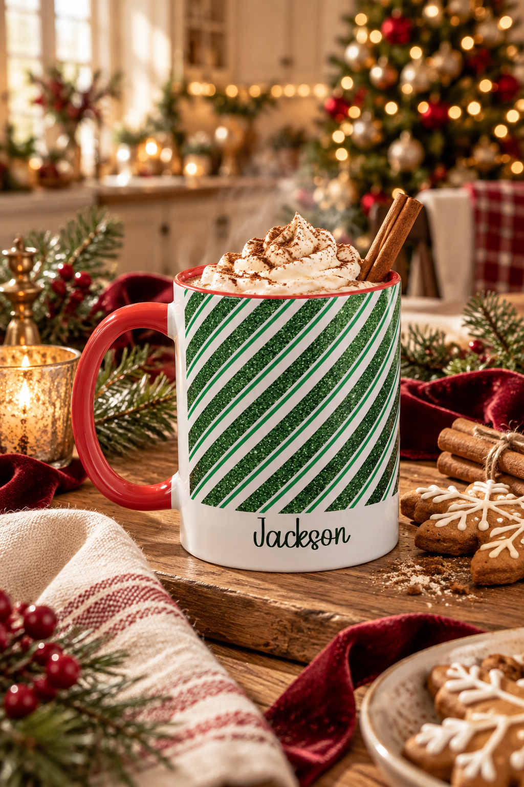 Red personalized Green Glitter Stripe mug with hot cocoa by the Christmas tree, lifestyle photo