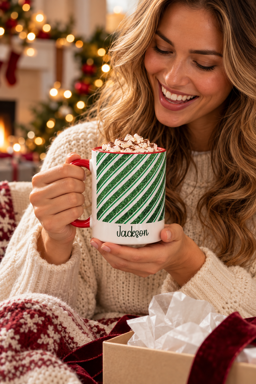 Red personalized Green Glitter Stripe mug being unwrapped as a Christmas gift, lifestyle photo
