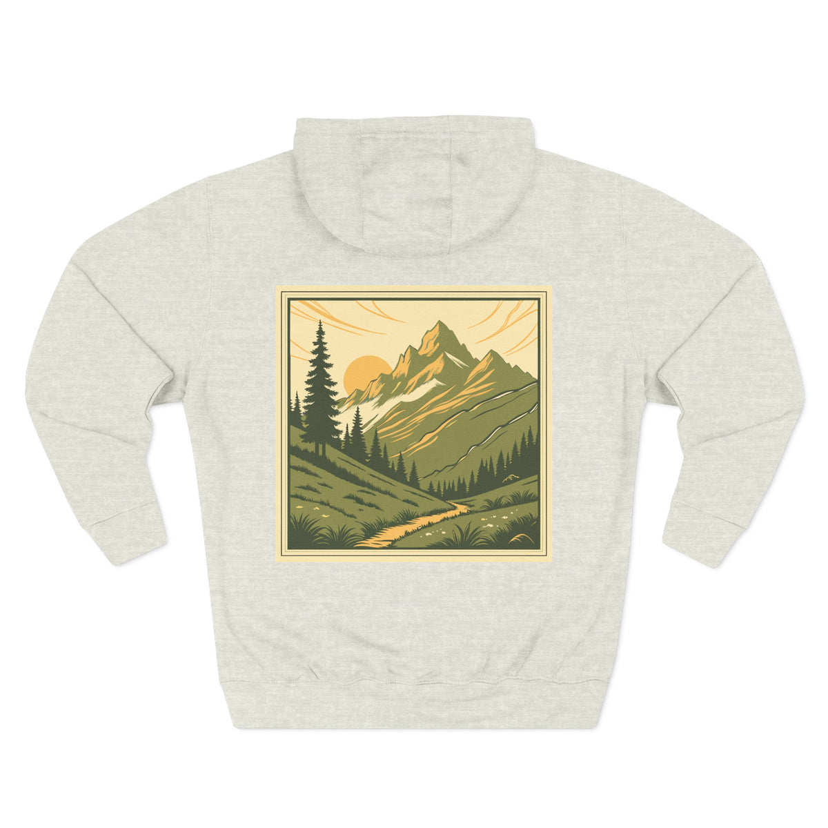 Back view of a oatmeal heather personalizable hoodie. The front has a small black name on the chest is personalizable, and the back features a large square graphic print of a mountain landscape in muted green, yellow, and brown tones. Special gift for him, dad, grandpa, boyfriend etc.