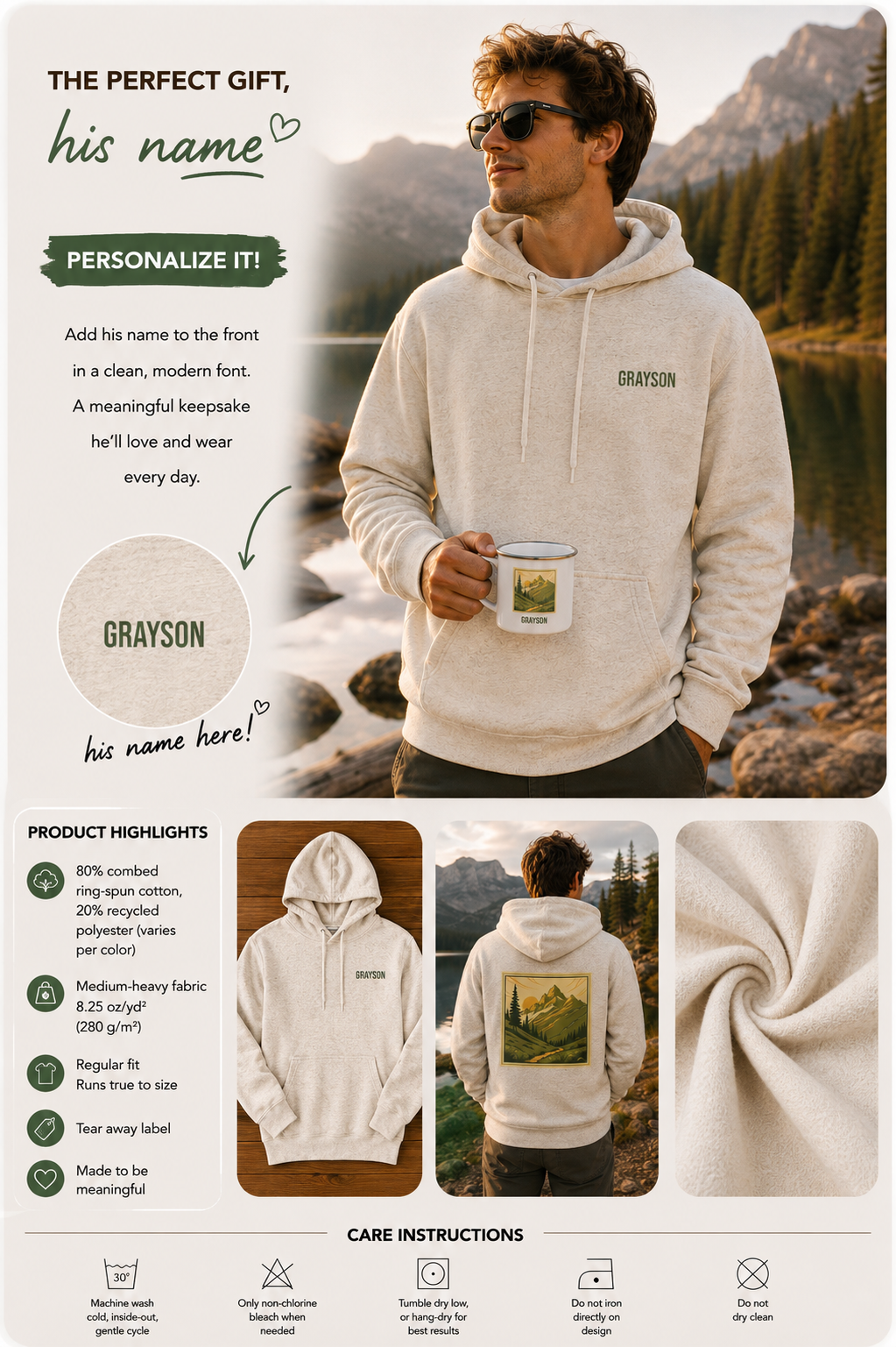 A informational graphic for a personalized hoodie. The top half shows a man wearing a cream-colored hoodie with 'GRAYSON' printed on the chest, holding a matching mug in front of a mountain lake background. Special gift for him, dad, boyfriend, granddad etc.