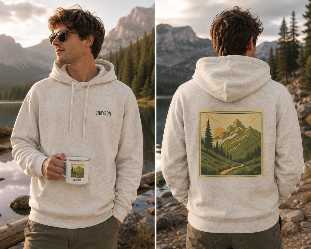A man wearing a light oatmeal heather hoodie is shown in a split front-and-back view against a mountain lake backdrop. The front has a small black name on the chest is personalizable, and the back features a large square graphic print of a mountain landscape in muted green, yellow, and brown tones. Special gift for him, dad, grandpa, boyfriend etc.