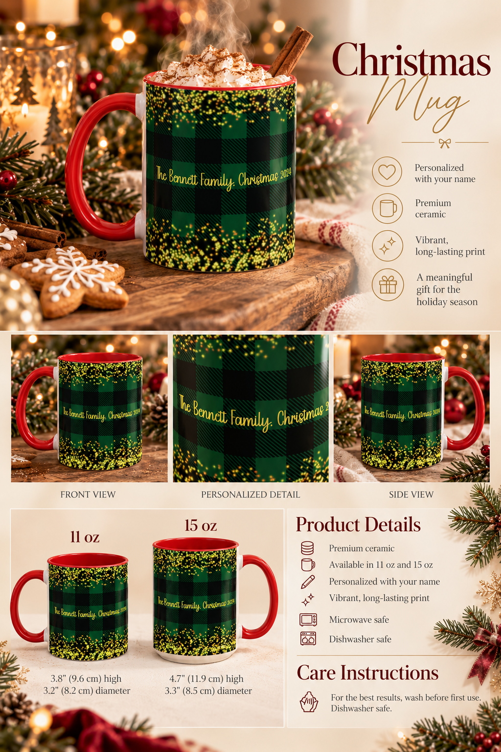 Personalized Green Buffalo Plaid Family Name mug infographic with sizes, features and care instructions