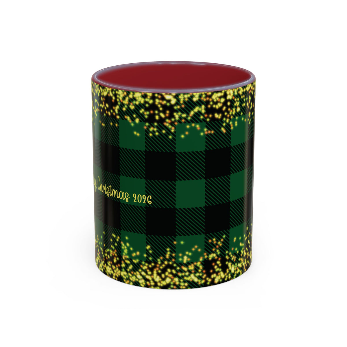 Maroon personalized Green Buffalo Plaid Family Name mug, 11oz, front view