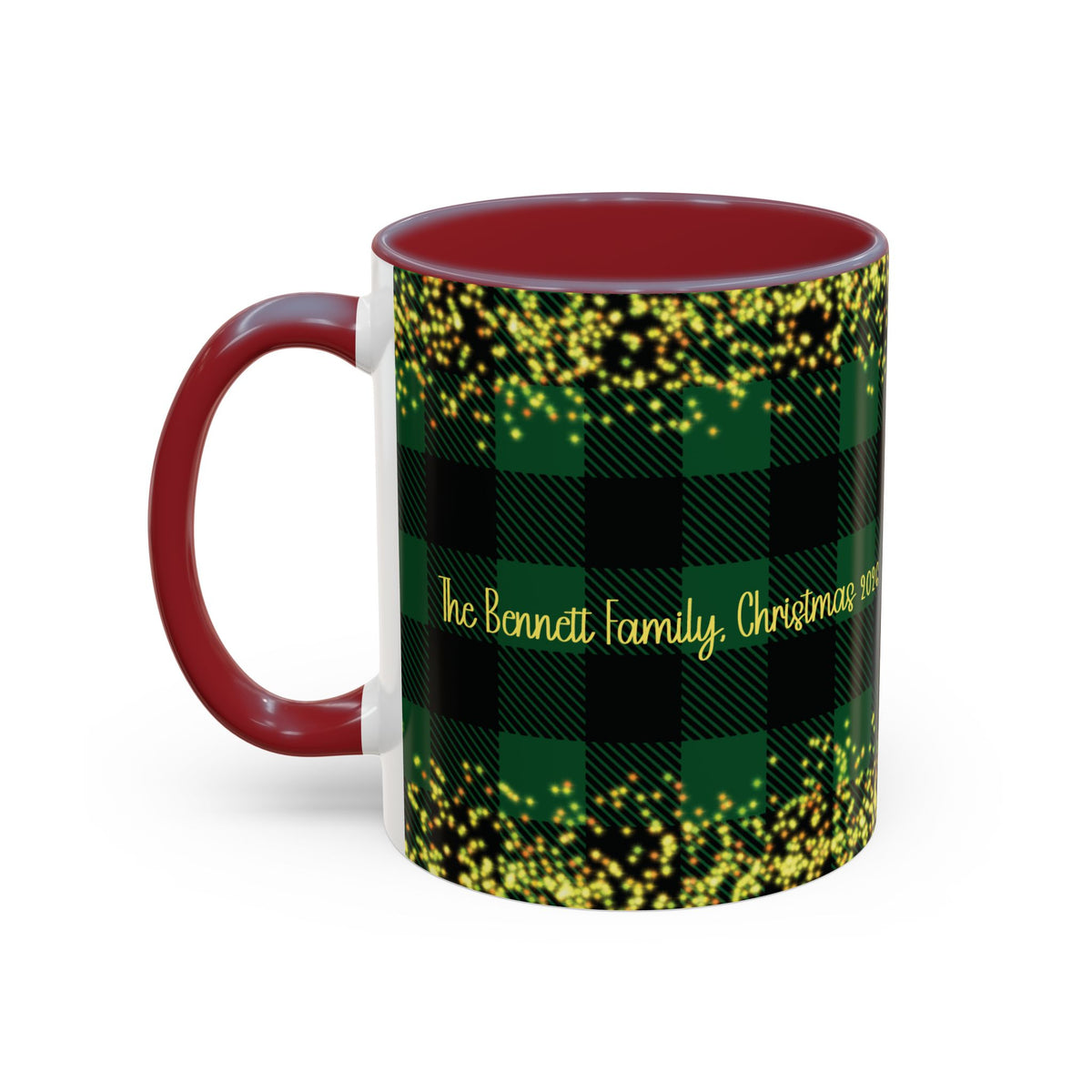 Maroon personalized Green Buffalo Plaid Family Name mug, 11oz, side view with handle on the left