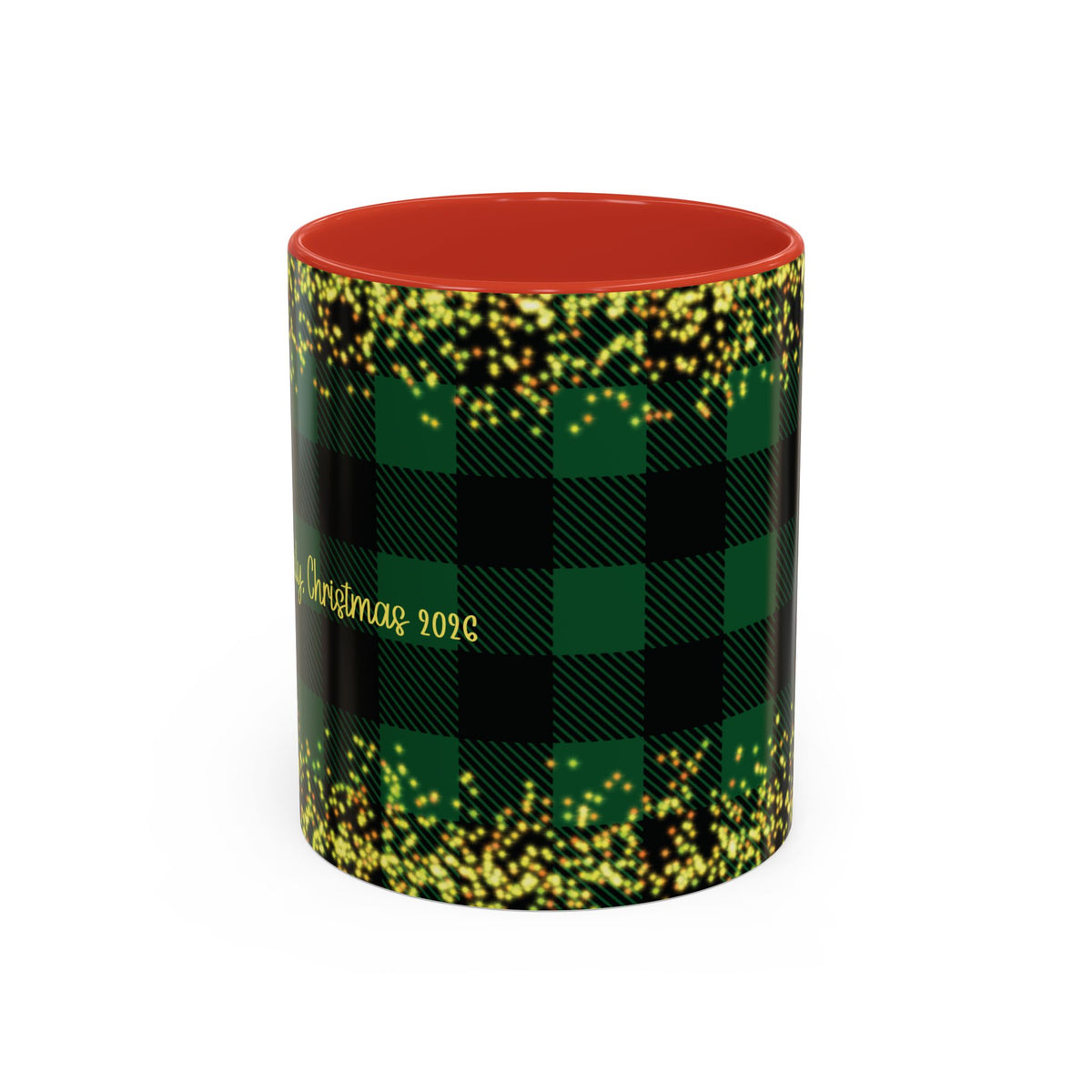 Red personalized Green Buffalo Plaid Family Name mug, 11oz, front view
