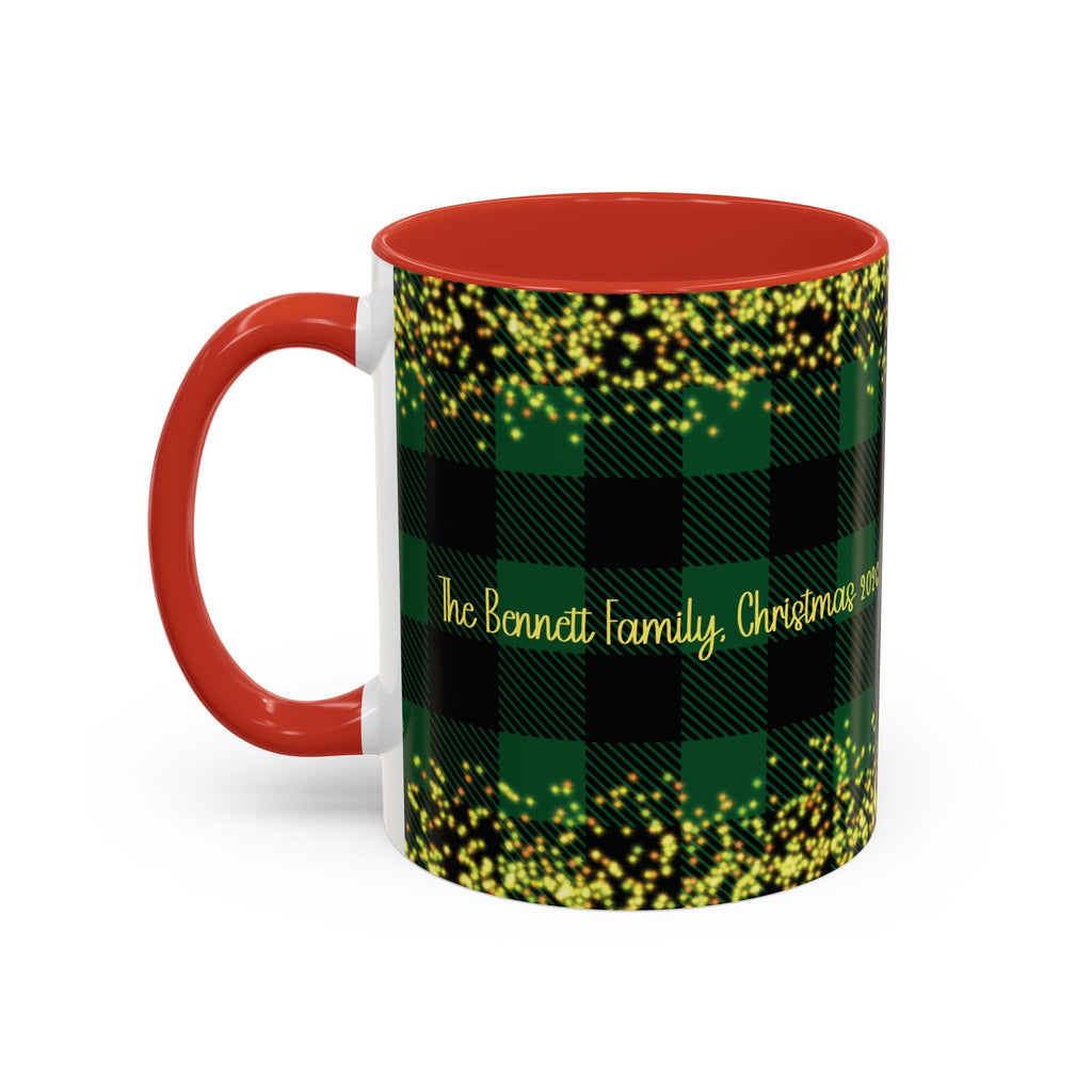 Red personalized Green Buffalo Plaid Family Name mug, 11oz, side view with handle on the left