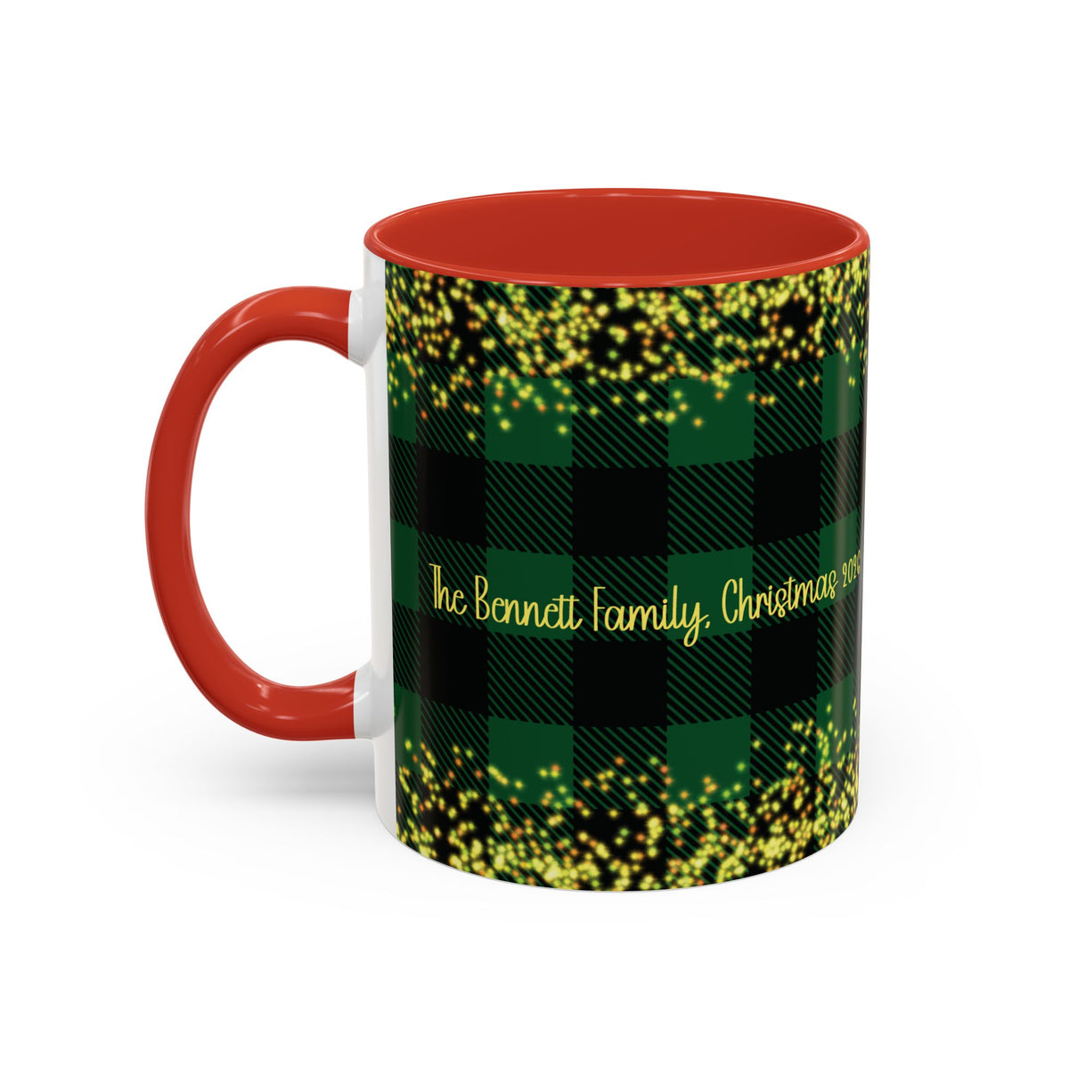 Red personalized Green Buffalo Plaid Family Name mug, 11oz, side view with handle on the left