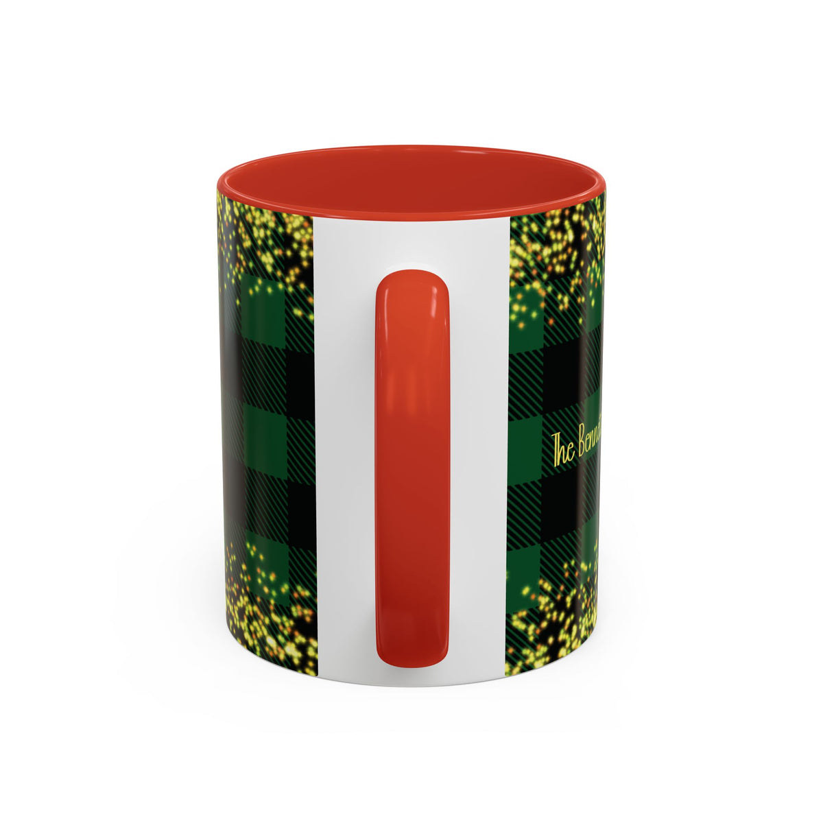 Red personalized Green Buffalo Plaid Family Name mug, 11oz, handle view