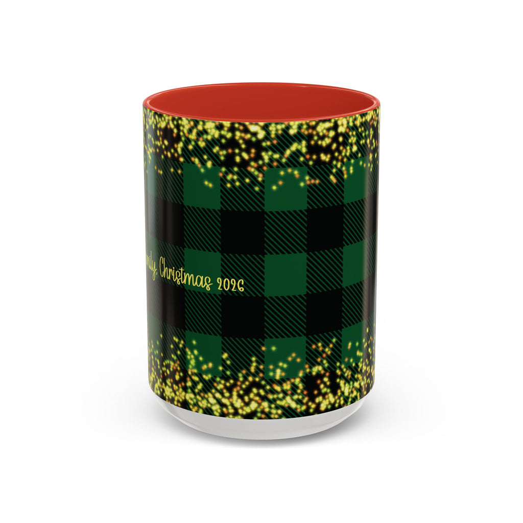 Red personalized Green Buffalo Plaid Family Name mug, 15oz, front view