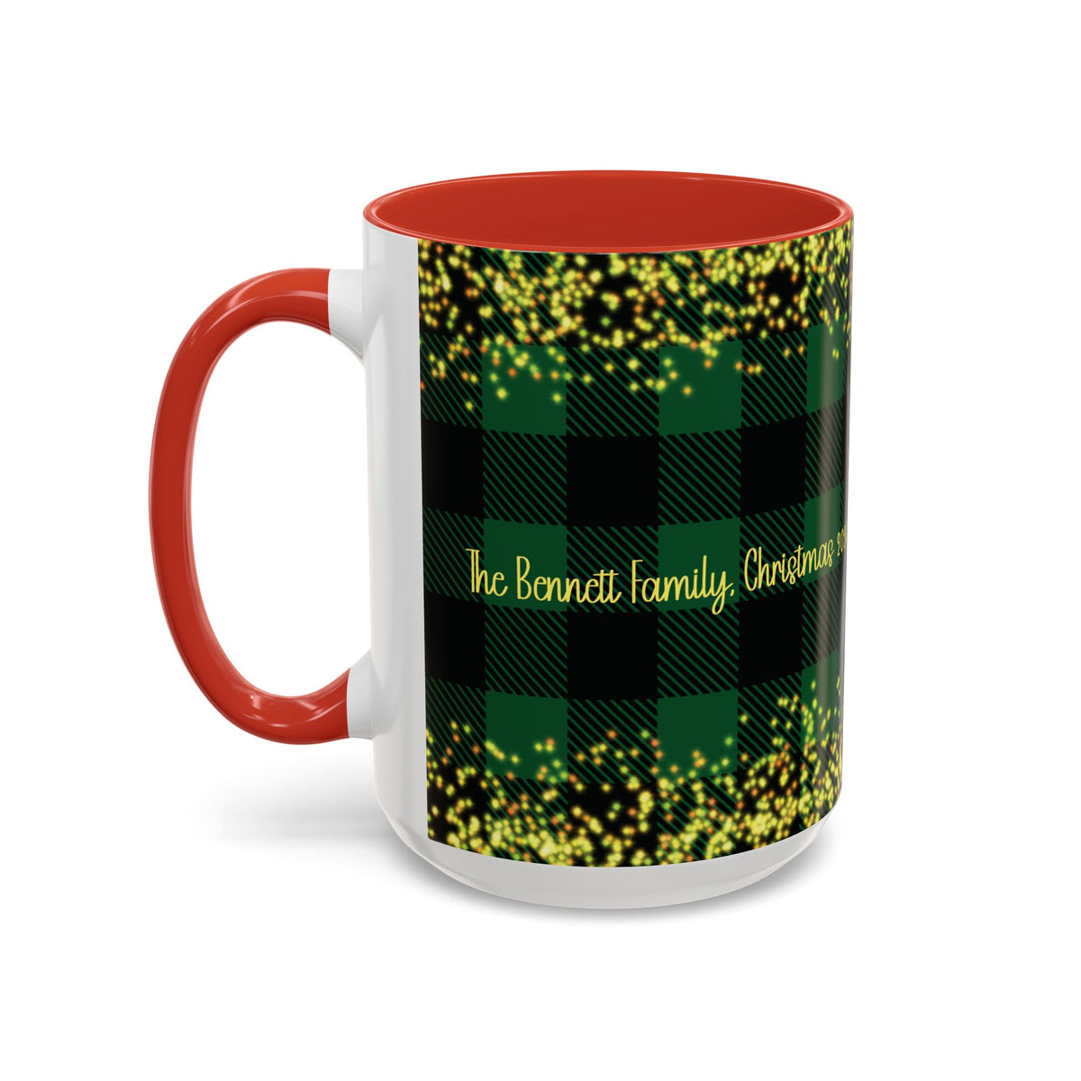 Red personalized Green Buffalo Plaid Family Name mug, 15oz, side view with handle on the left