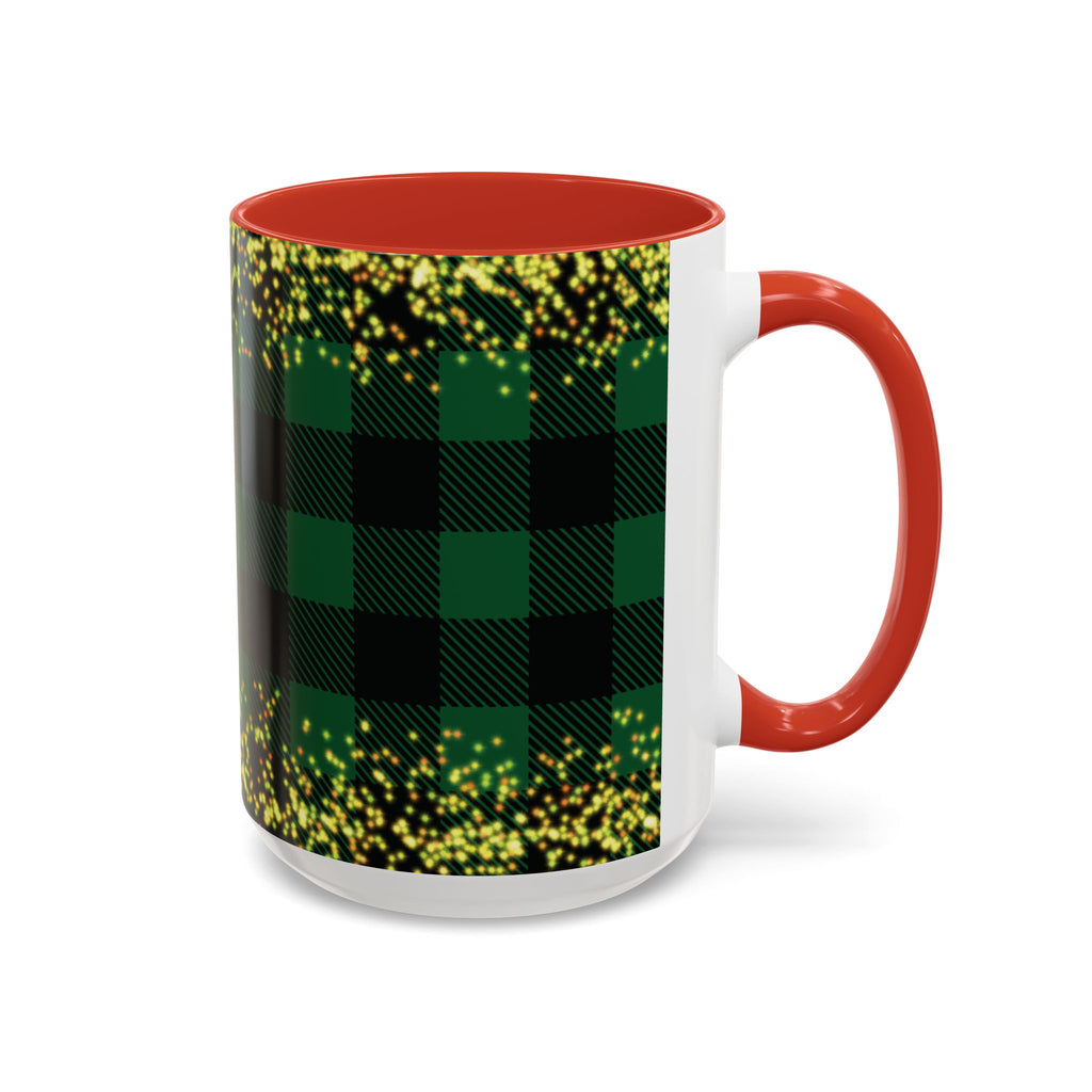 Red personalized Green Buffalo Plaid Family Name mug, 15oz, side view with handle on the right