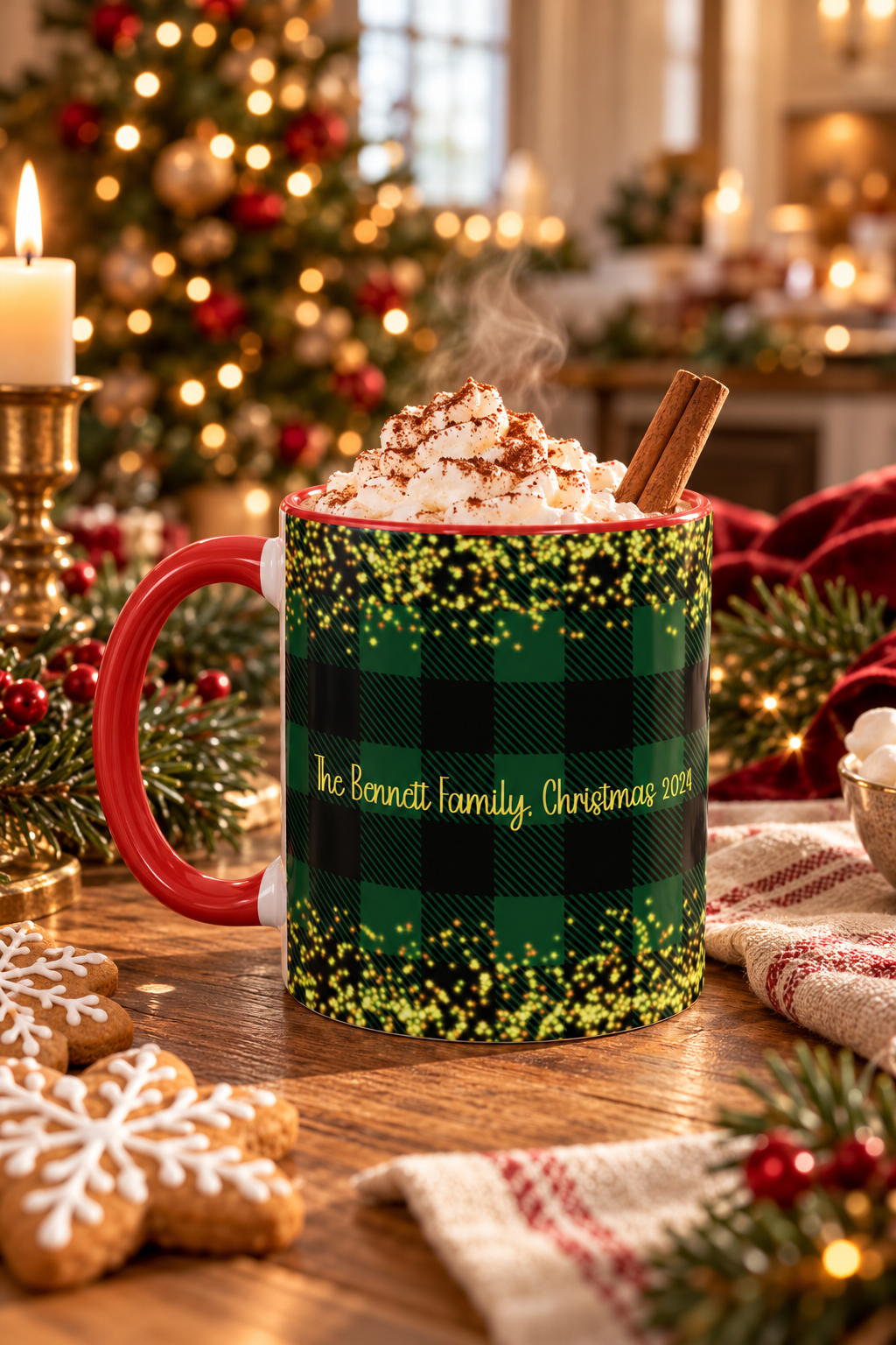Red personalized Green Buffalo Plaid Family Name mug with hot cocoa and Christmas treats, lifestyle photo