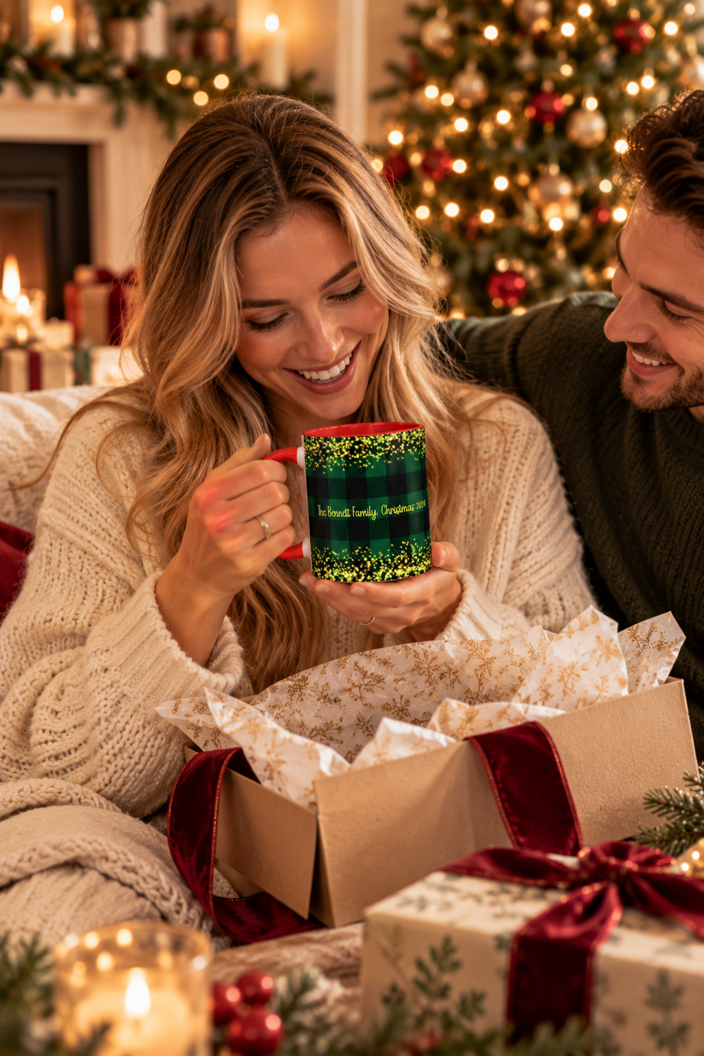 Red personalized Green Buffalo Plaid Family Name mug being unwrapped as a Christmas gift, lifestyle photo