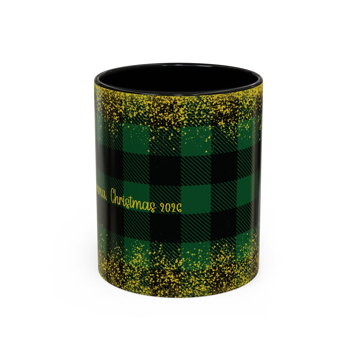 Black personalized Green Buffalo Plaid Names mug, 11oz, front view