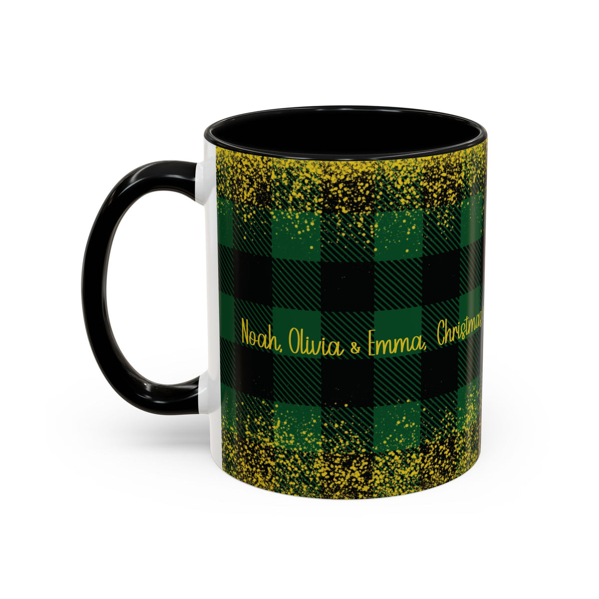 Black personalized Green Buffalo Plaid Names mug, 11oz, side view with handle on the left