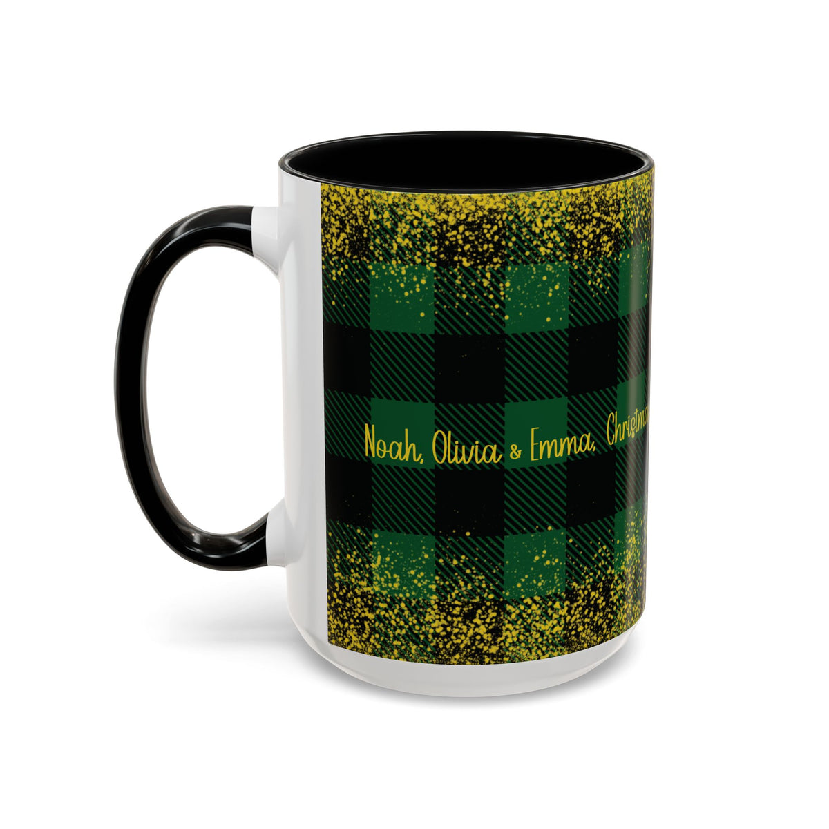 Black personalized Green Buffalo Plaid Names mug, 15oz, side view with handle on the left