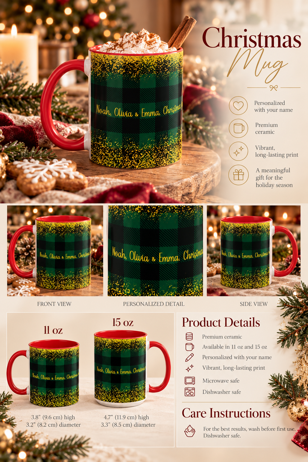 Personalized Green Buffalo Plaid Names mug infographic with sizes, features and care instructions