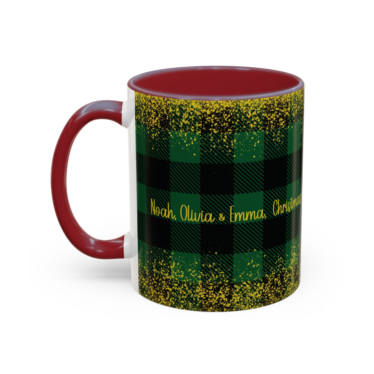 Maroon personalized Green Buffalo Plaid Names mug, 11oz, side view with handle on the left