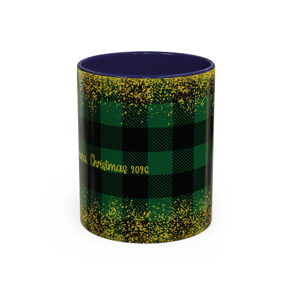 Navy personalized Green Buffalo Plaid Names mug, 11oz, front view