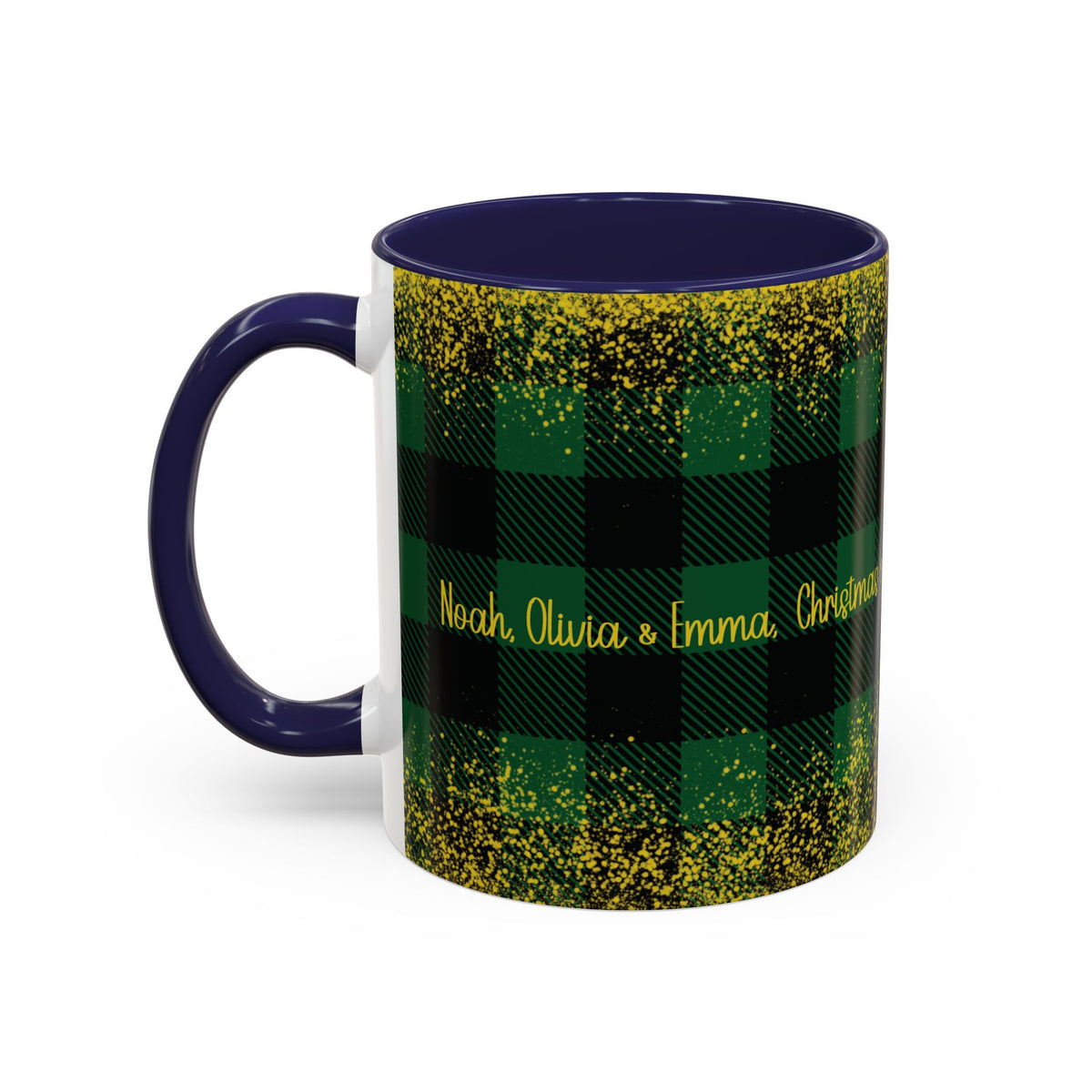 Navy personalized Green Buffalo Plaid Names mug, 11oz, side view with handle on the left