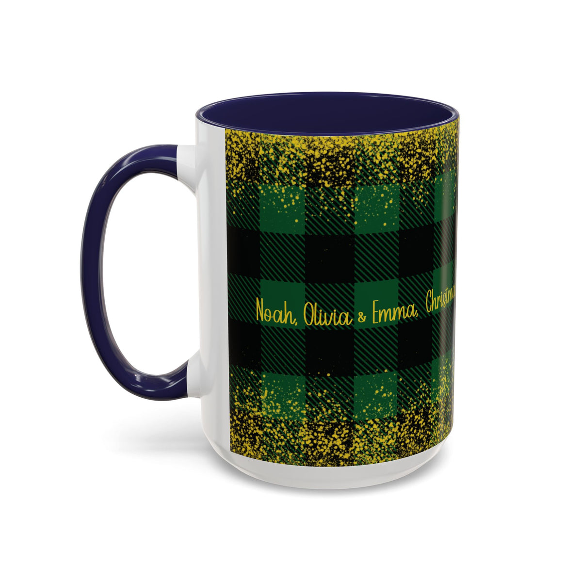 Navy personalized Green Buffalo Plaid Names mug, 15oz, side view with handle on the left
