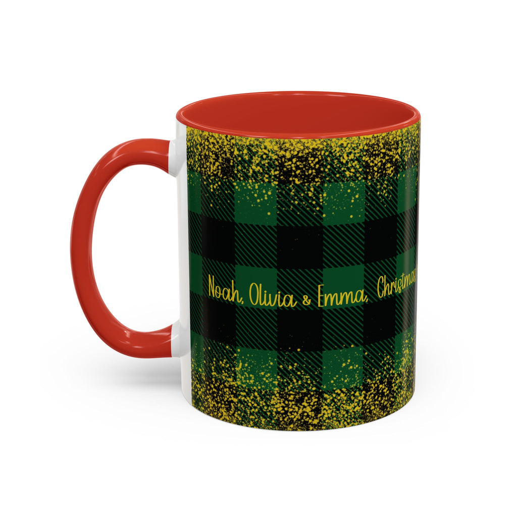 Red personalized Green Buffalo Plaid Names mug, 11oz, side view with handle on the left