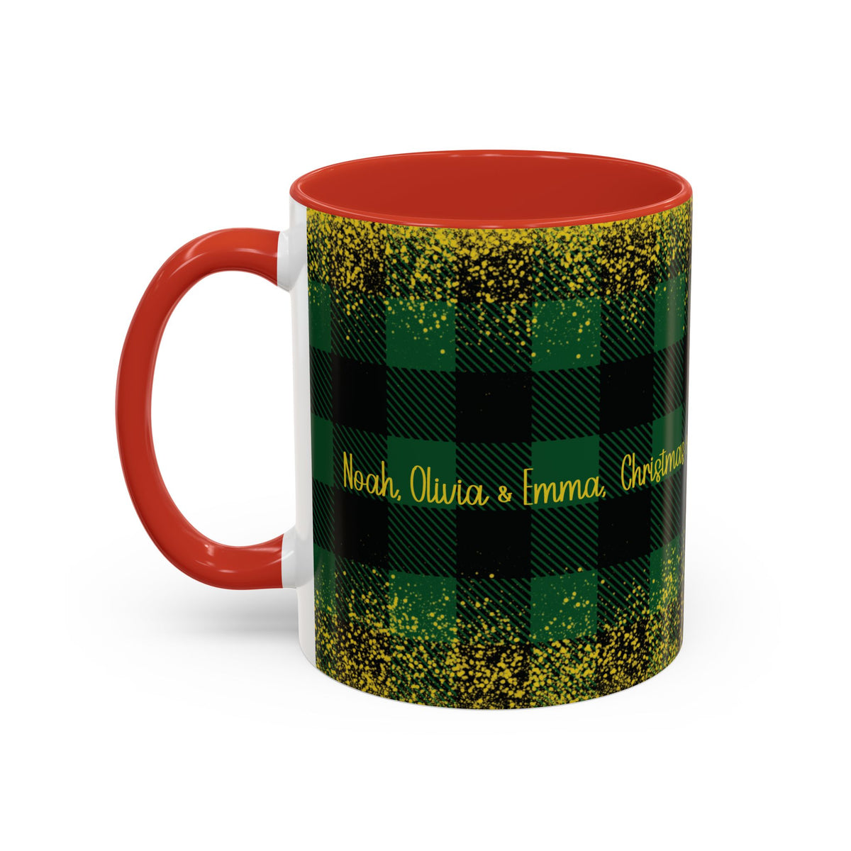 Red personalized Green Buffalo Plaid Names mug, 11oz, side view with handle on the left