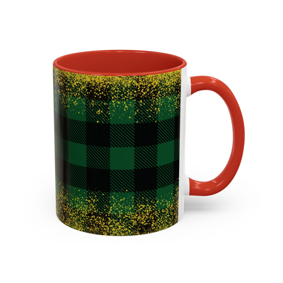 Red personalized Green Buffalo Plaid Names mug, 11oz, side view with handle on the right