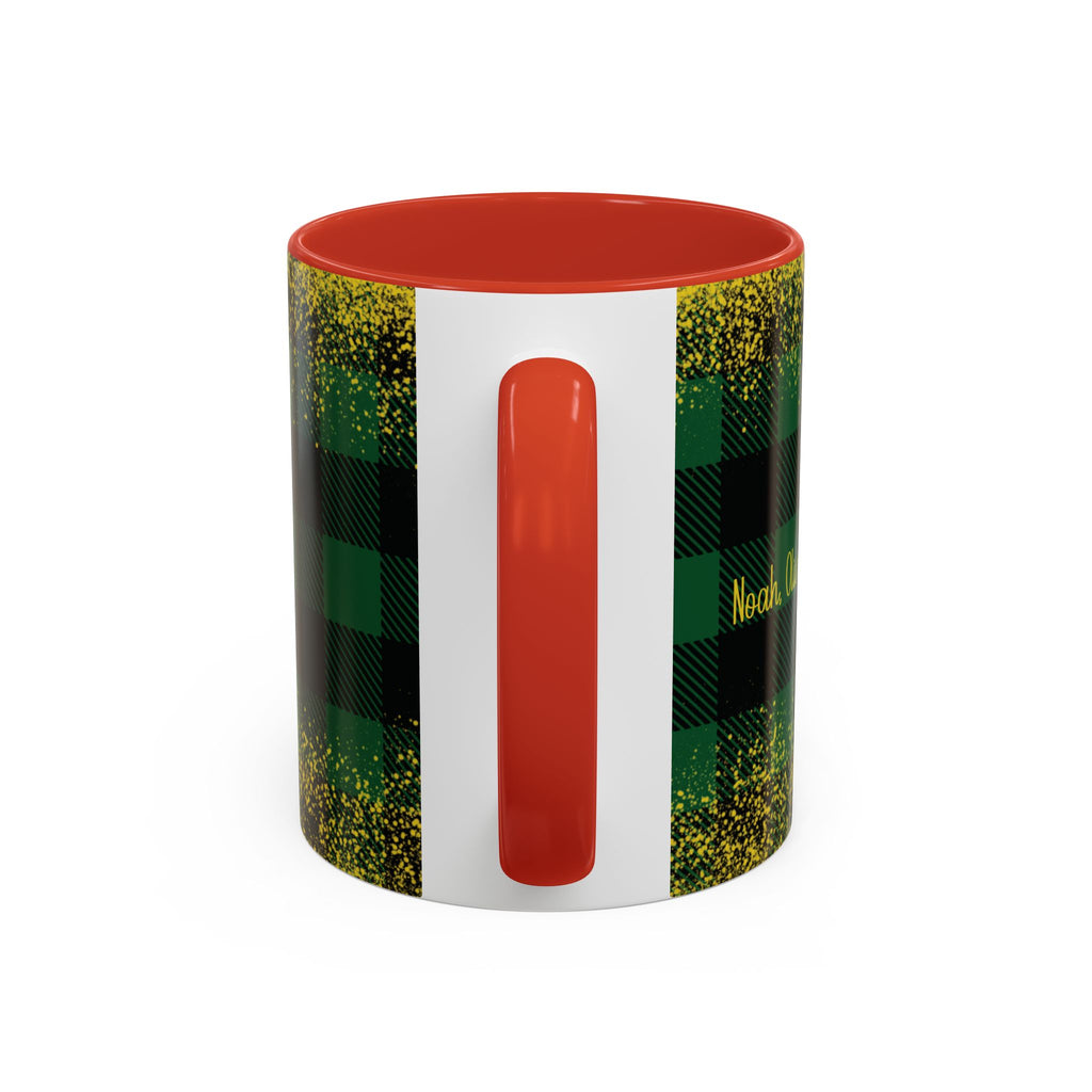 Red personalized Green Buffalo Plaid Names mug, 11oz, handle view