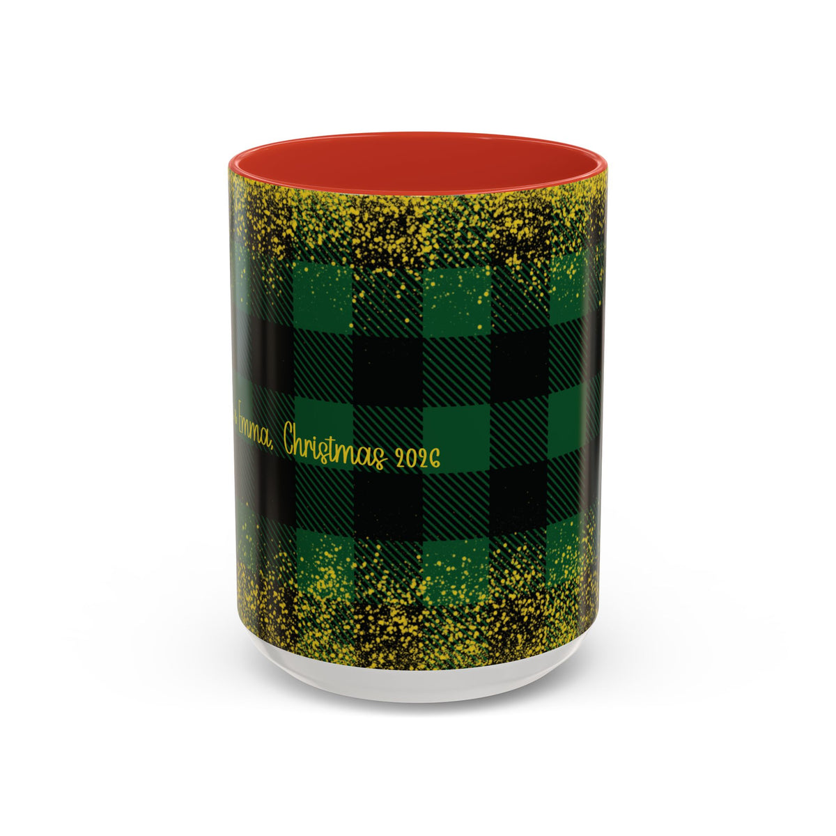 Red personalized Green Buffalo Plaid Names mug, 15oz, front view