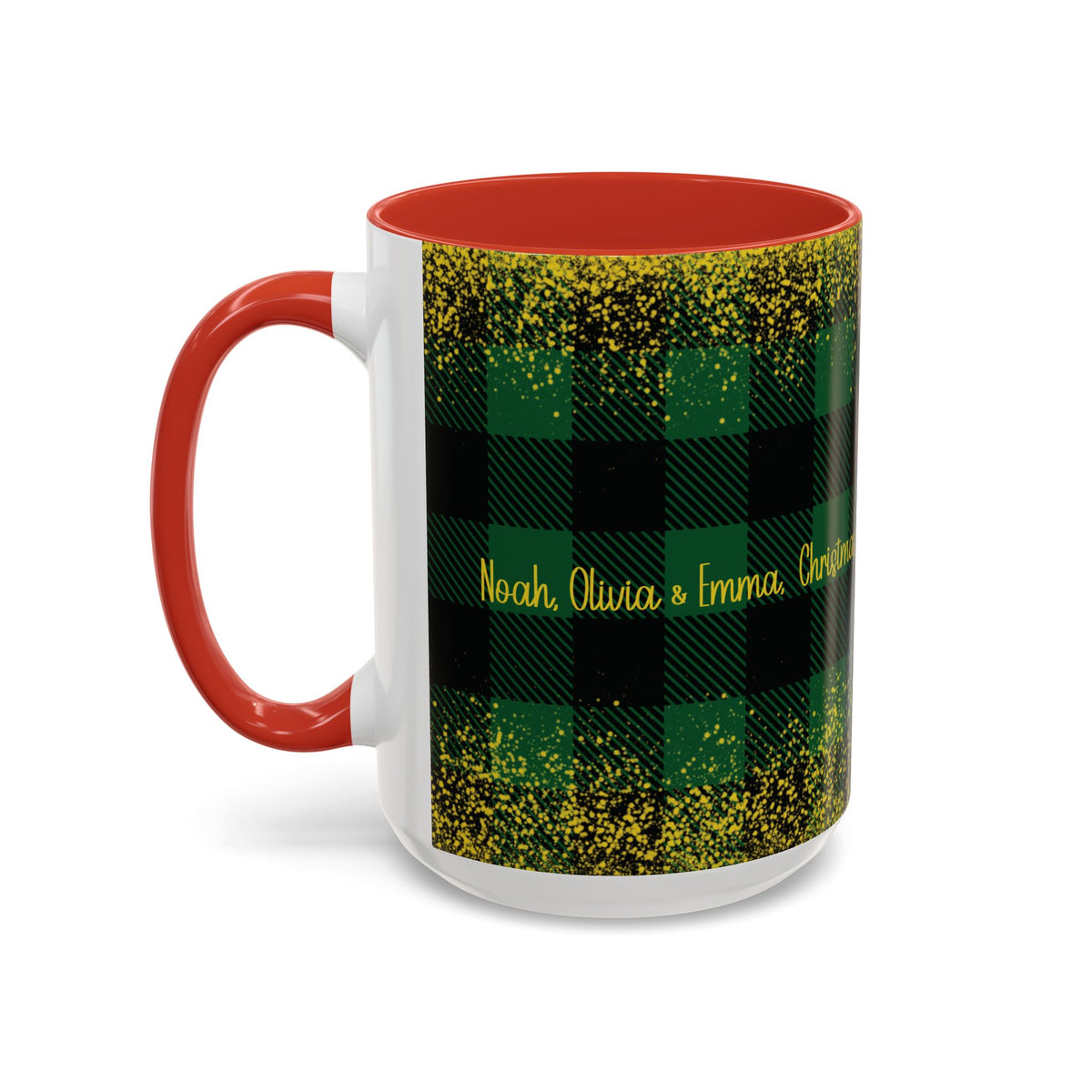 Red personalized Green Buffalo Plaid Names mug, 15oz, side view with handle on the left