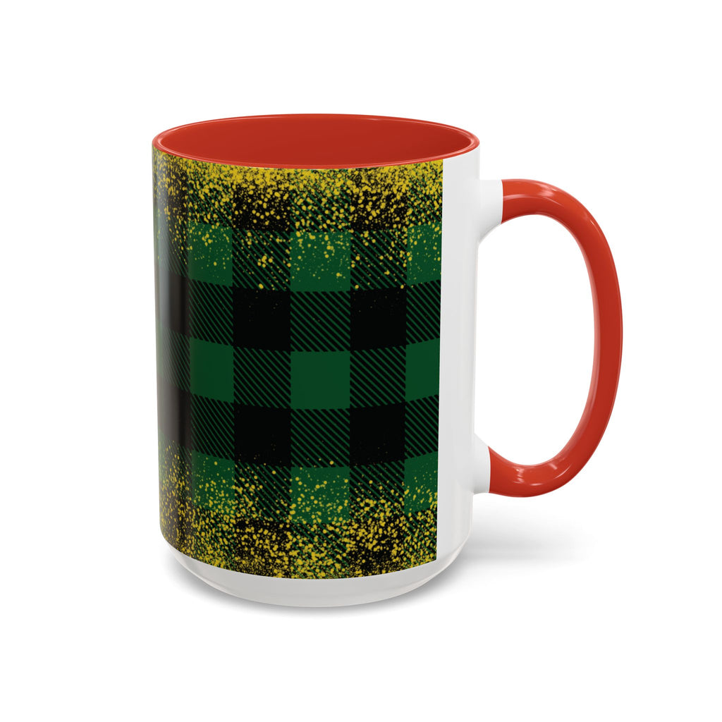 Red personalized Green Buffalo Plaid Names mug, 15oz, side view with handle on the right