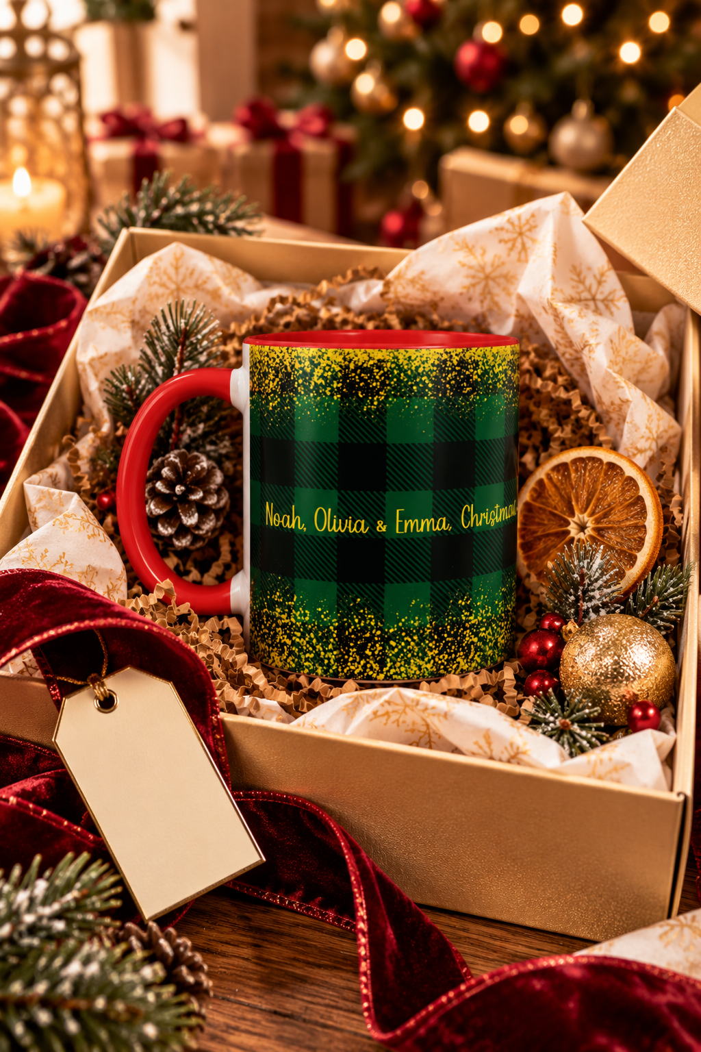 Red personalized Green Buffalo Plaid Names mug in a Christmas gift box, lifestyle photo
