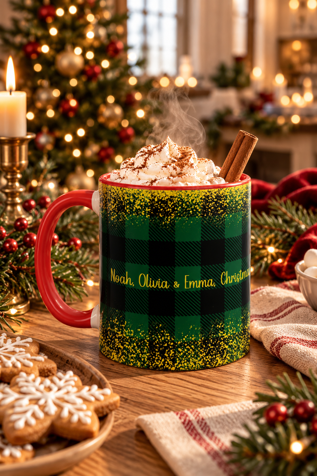 Red personalized Green Buffalo Plaid Names mug with hot cocoa and Christmas treats, lifestyle photo